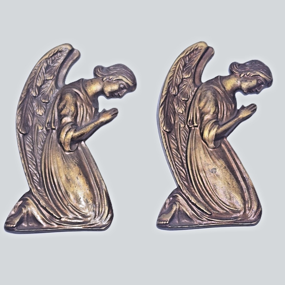 VTG Cast Metal Funeral Casket Art by Bosisio Kneeling Praying Angels Pair Italy